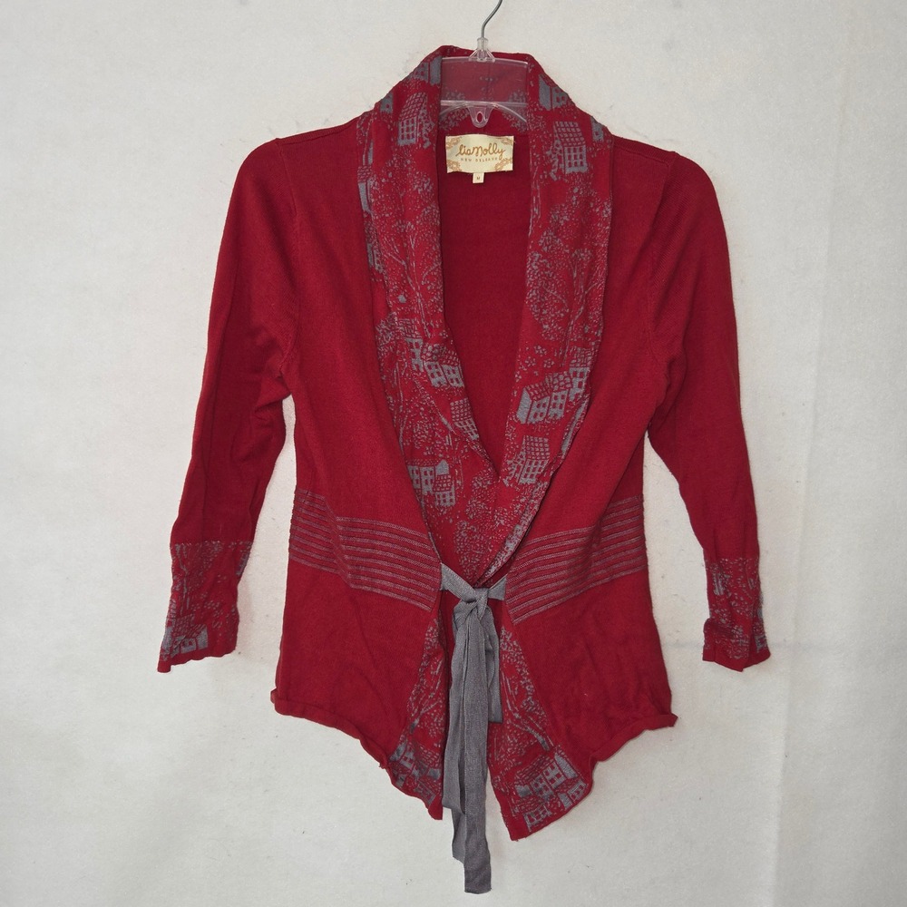 Lia Molly Sweater Womens M Red‎ Cityscape Print Shawl Collar Cardigan Tie Waist